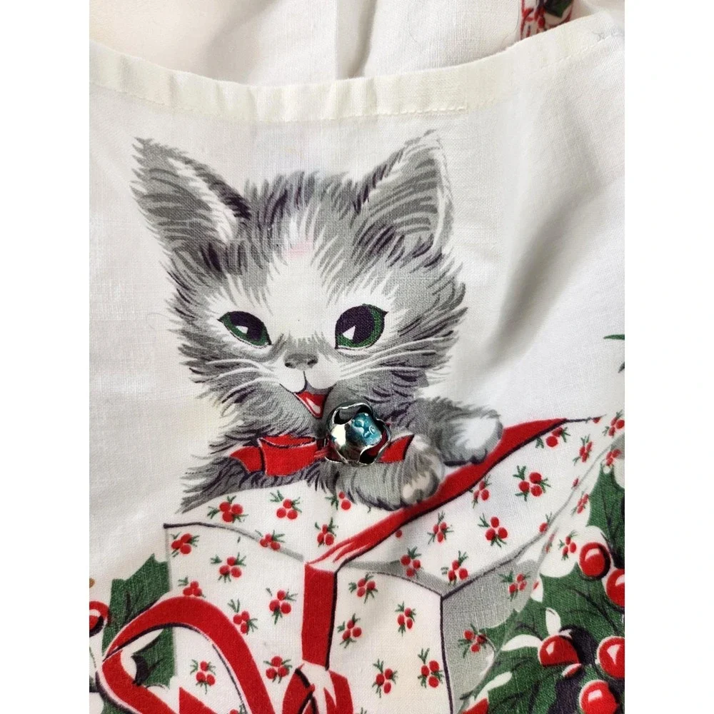 Vintage Kittens Holiday Christmas Apron Cats Jingle Bells Pockets Half Waist Tie